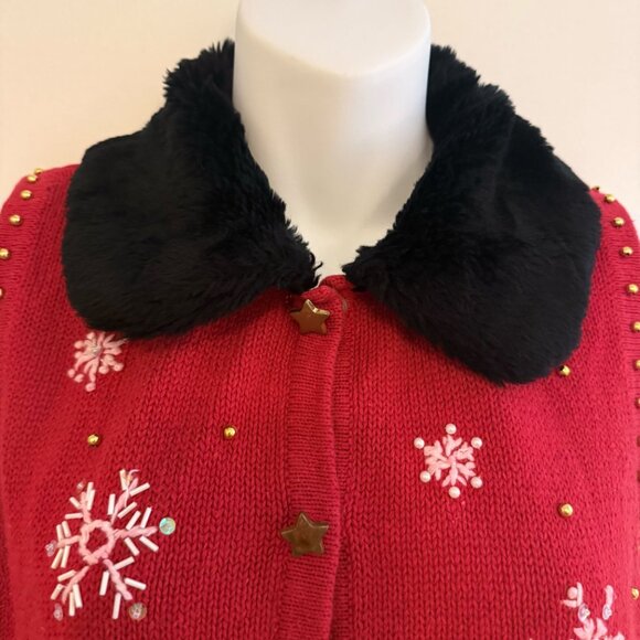 VINTAGE Red Snowman Christmas Sweater Vest | PL | Faux Fur Collar - Picture 7 of 13